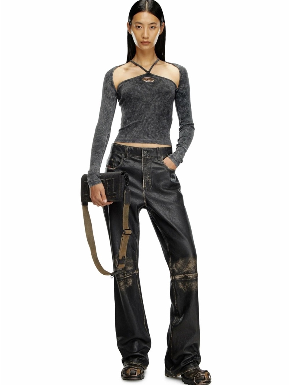 Diesel Black Distressed Wide-Leg Jeans